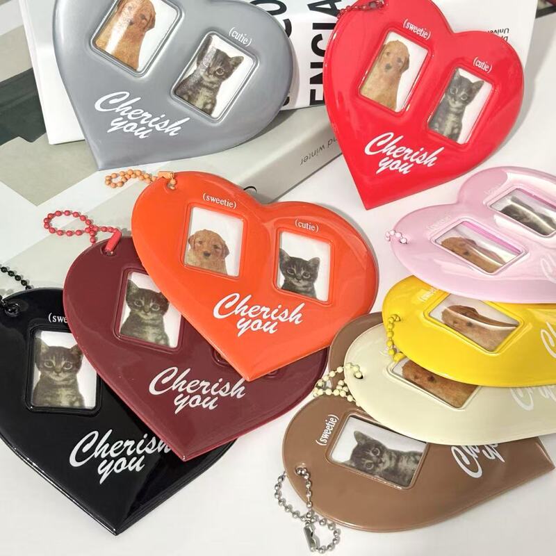 Ins Red Heart Id Small Card Id Photo Idol Photo Couple Card Holder Pendant Key Chain Hanging Chain Decoration