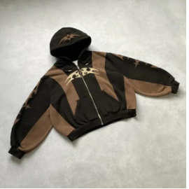 现货美式复古卫衣男shi宽松拼色刺绣帽衫小众拉链外套痞帅上衣