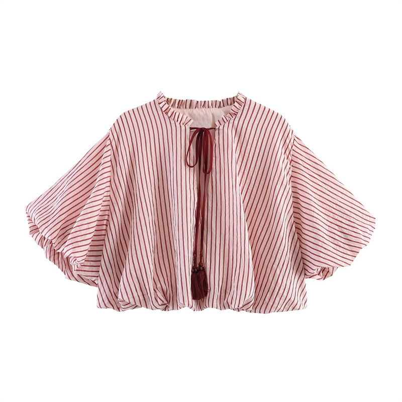 Za Foreign Trade European and American Style 2026 Summer New Bowknot Striped Loose Balloon Version Long-Sleeve Shirt 5029235