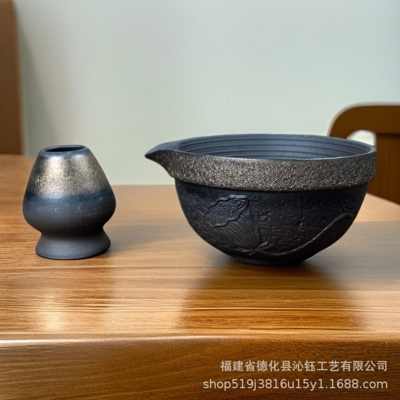 日式鎏金铁釉抹茶套装百本立茶筅立抹茶碗复古抹茶工具宋代点茶器|undefined