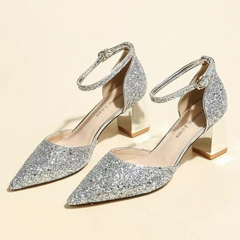 Sequin Hollow One-Strap Dress Elegant Shoes 2025 Spring and Summer New High-Heeled Shoes Women's Thick Heel Elegant Shoes