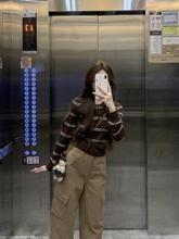 美式复古条纹针织polo衫毛衣女早秋季新款撞色学院风修身长袖上衣