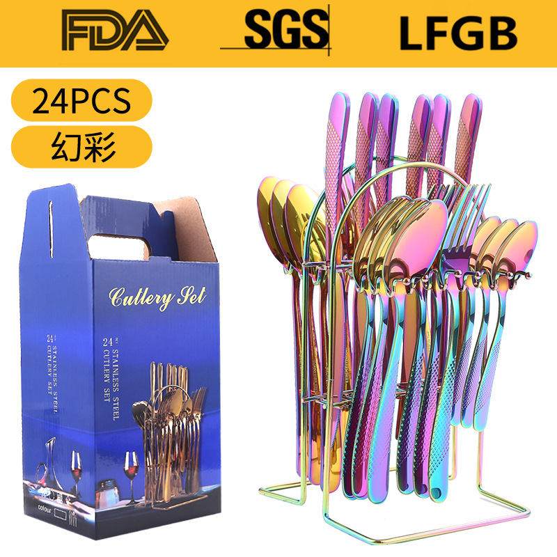 Juego de Cubiertos de Acero Inoxidable de 24 Piezas en Caja de Regalo, Diseño de Estrella y Diamante, Cuatro Piezas Principales, para Hotel, Restaurante, Comida Occidental, Cuchillo, Tenedor, Cuchara