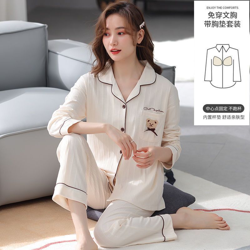 Pijama con cojín de pecho para mujeres primavera y otoño mangas largas 2023 nuevo conjunto de ropa de casa de otoño para mujeres