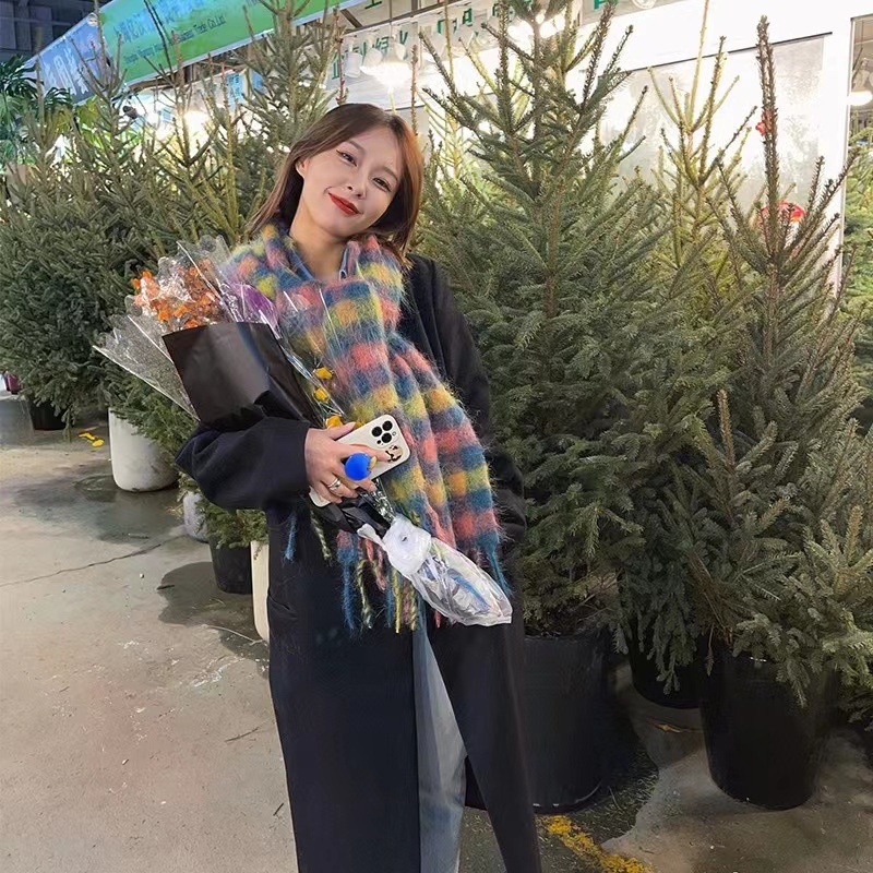 Estilo coreano contraste color pequeño color bufanda a cuadros mujer estudiante moda todo partido otoño e invierno cálido bufanda cómoda suave chal femenino