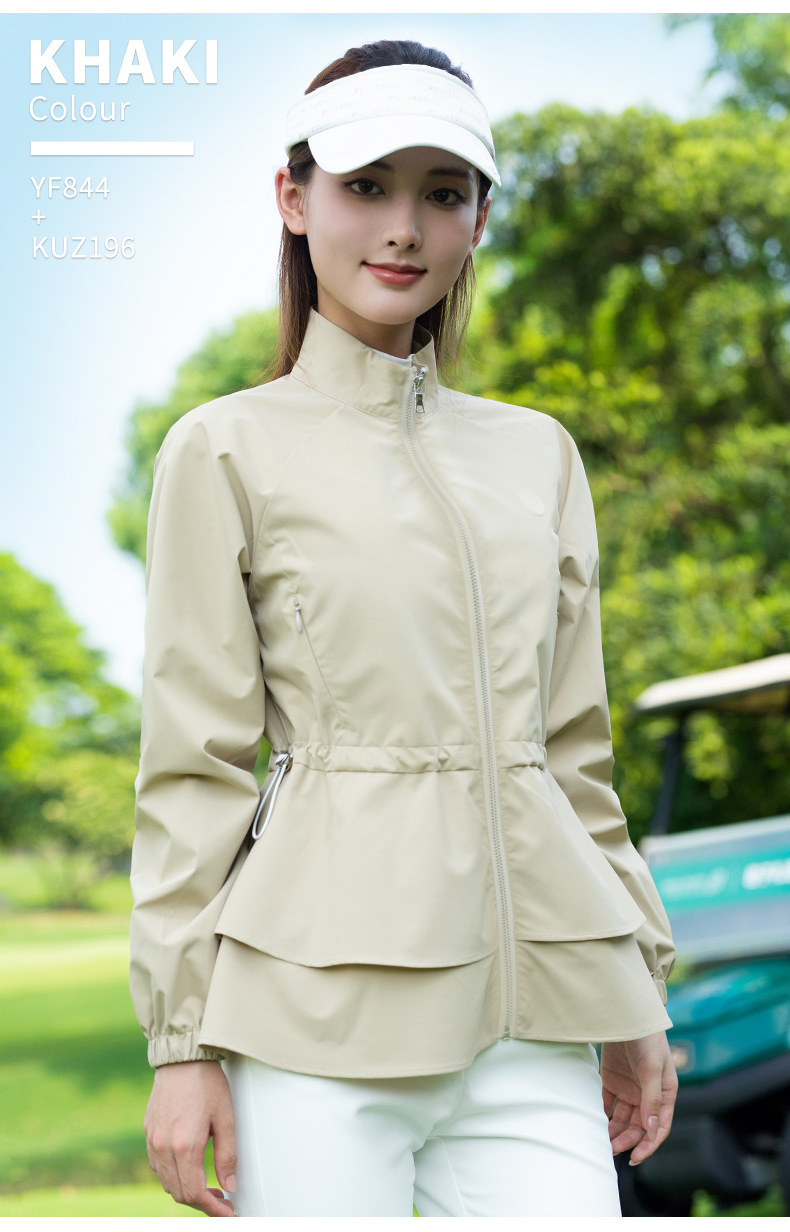 Áo khoác golf nữ cổ đứng, viền lông, dây kéo, chống gió chống thấm — Áo khoác màu xám [vải chống gió/chống thấm nước và chống văng/dây thắt lưng có thể điều chỉnh] YF844 chi tiết 15