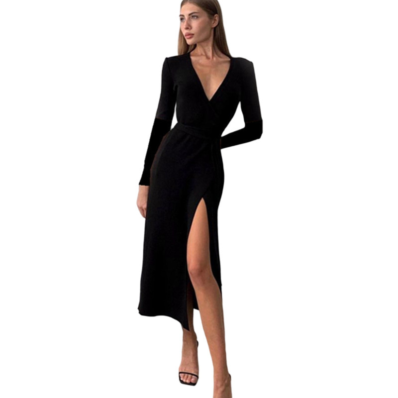 Long-Sleeved V-Neck High-Slit Dress NSXPF85373