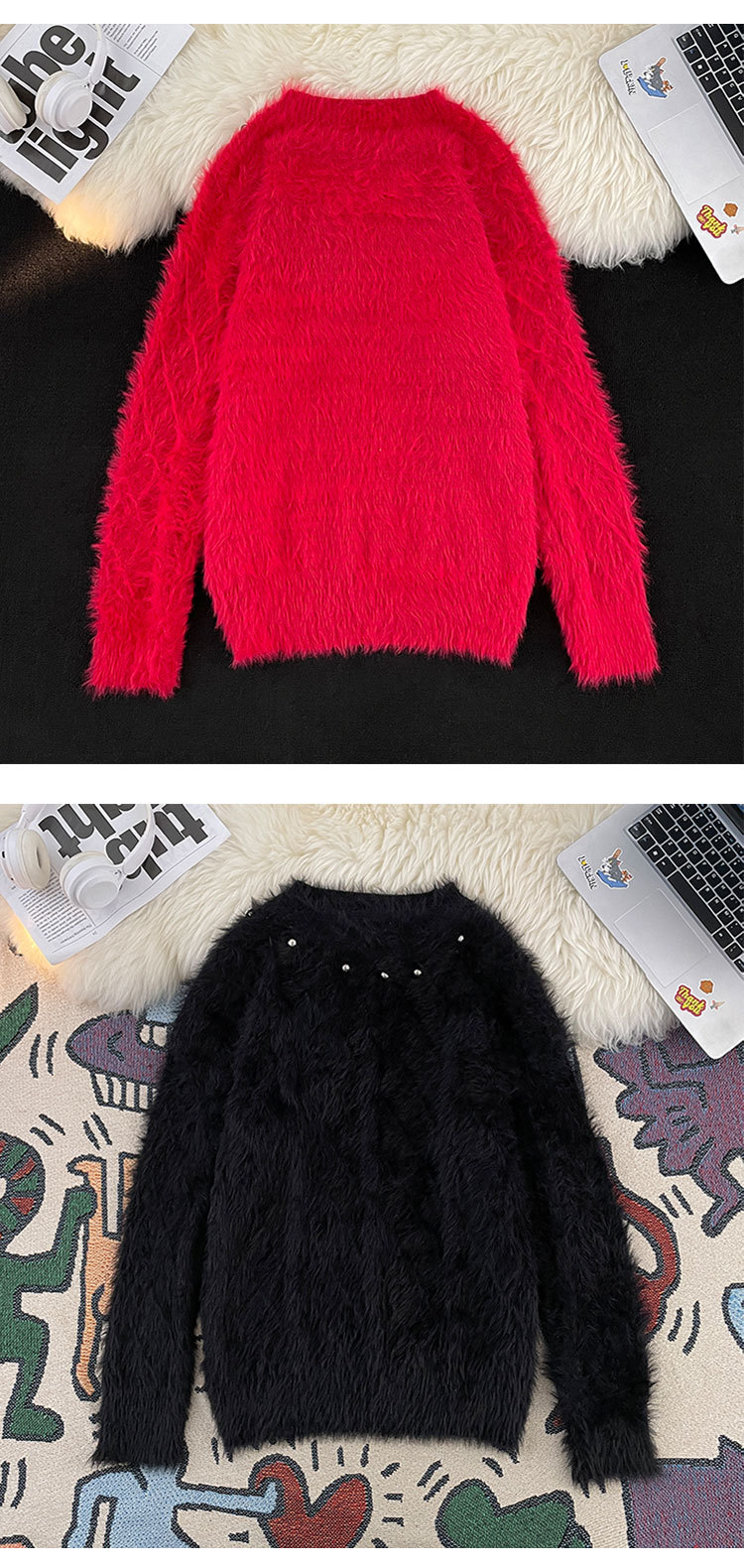 Men's Clothing mink sweater button flower design beaded high weight knitted sweater furry pullover lazy trend men_voghion.com