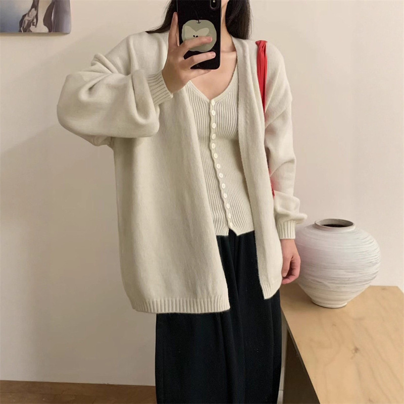 套装女港风复古麻花针织背心开衫上衣女秋冬新款宽松慵懒风两件套|undefined