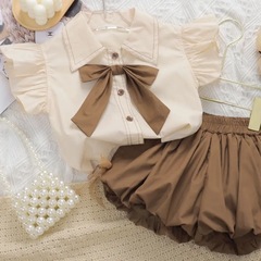 女の子の夏服セット2025新作、韓国風おしゃれな襟付きスイートツーピースセット、幼児・子供服トレンド