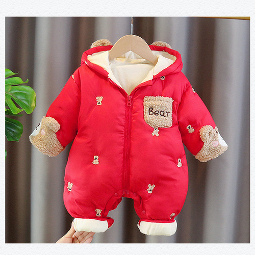 Baby Winter Onesie with Cute Hood, Fleece-lined Climbing Suit for Girls, Warm and Stylish Cotton Pajamas, Super Fluffy and Thick