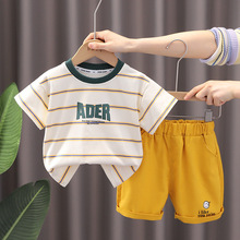 童裝韓版圓領條紋短袖套裝2022夏季0-5歲男寶寶外貿童裝一件代發