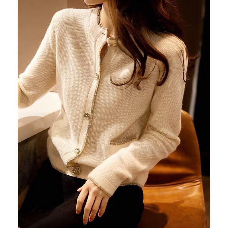 Ready-Made Manufacturer Clearance Heavy Industry Contrasting Color Embellishmentquan Cashmere Knitted Cardigan Low Round Neck Single Breasted Long Sleeves Ready-Made Manufacturer Clearance Heavy Industry Contrasting Color Embellishmentquan Cashmere Knitted Cardigan Low Round Neck Single Breasted Long Sleeves