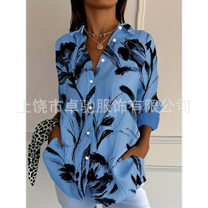 新款2025女士长款衬衫女夏季欧美潮流长袖衬衫印花图案印花3D衬衫|undefined