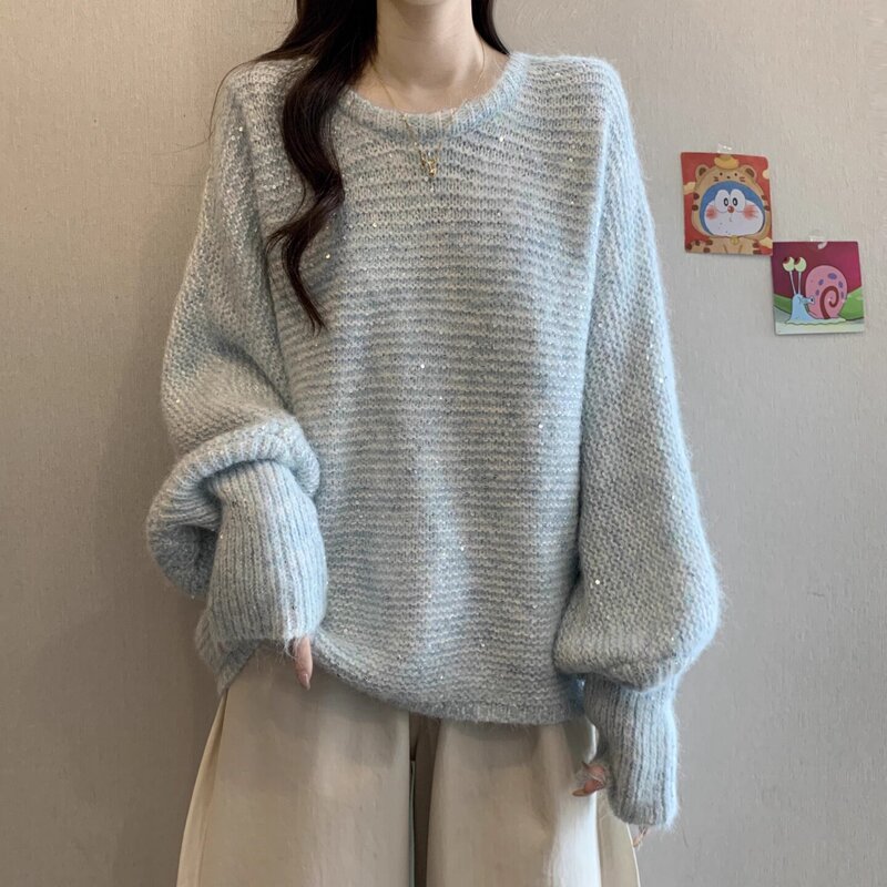 Stylish sequined long-sleeve knit sweater for women, autumn plus-size top with back tie and bow detail Stylish sequined long-sleeve knit sweater for women, autumn plus-size top with back tie and bow detail