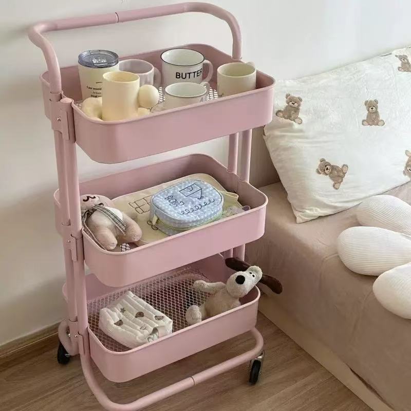 Small Trolley Storage Rack with Wheels, Kitchen Storage Rack, Snack Storage Shelf, Bathroom Carbon Steel Storage Rack