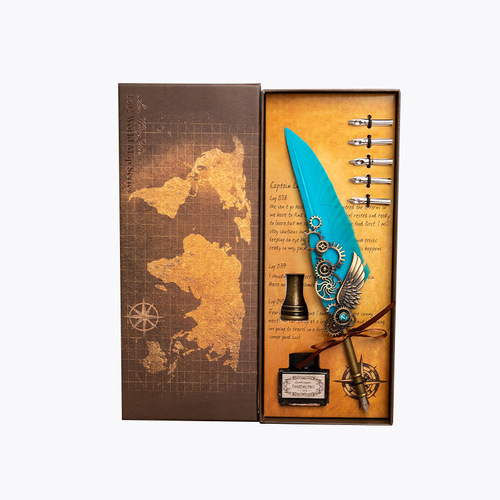 Retro map mechanical wing quill dipped in water gift box carved pen with base holiday birthday gift
