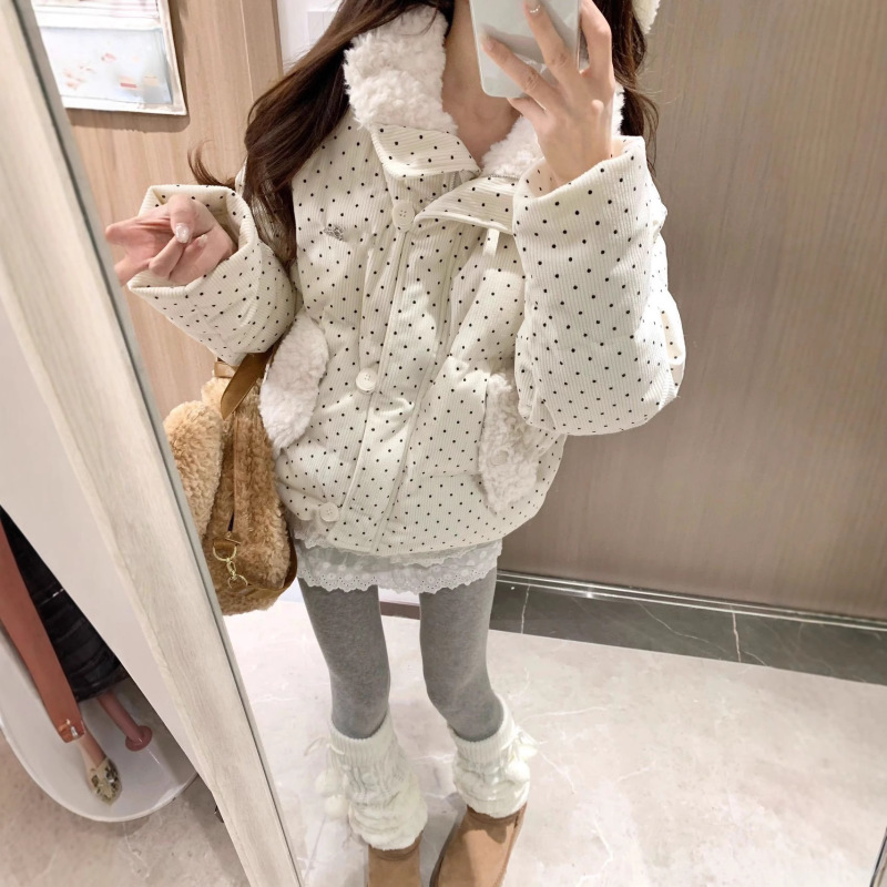 韩系甜美风波点毛领灯芯绒棉服外套秋冬季宽松加厚保暖短款面包服|undefined