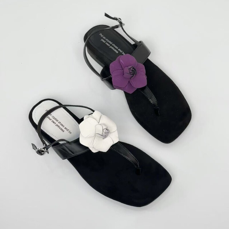French-Style Exquisite Camellia Purple Square-Toe Thong Sandals to Match with Skirts, 2026 Summer Outdoor Wear Chanel-Style Women's Shoes