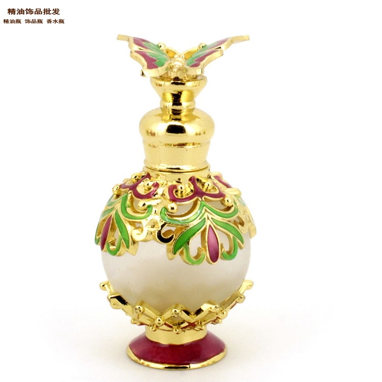 精油饰品网15ml红色底红绿蝴蝶盖金色球形蜘蛛花纹香水瓶1.