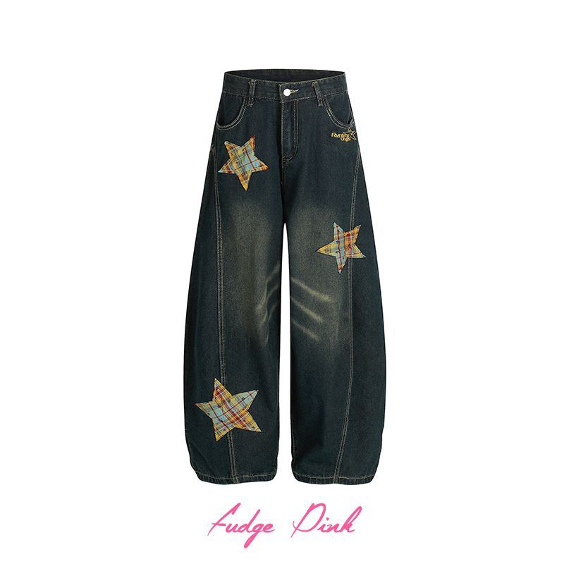 Fudge Pink 2025秋季New美式辣妹个性格纹星星设计牛仔长裤