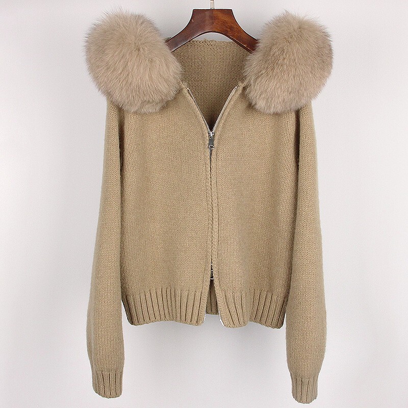 In-Stock New Autumn and Winter Casual Hooded Genuine Fox Fur Collar Fashionable Versatile Knit Sweater Outerwear Fur Coat for Women In-Stock New Autumn and Winter Casual Hooded Genuine Fox Fur Collar Fashionable Versatile Knit Sweater Outerwear Fur Coat for Women