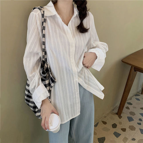 Chic Korean Style White Striped Women's Thin Shirt 2025 Spring Design Sensory Loose Long-Sleeve Blouse Summer