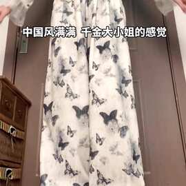跨境【有口袋】夏季复古新中式国风蝴蝶休闲裤女宽松直筒阔腿长裤