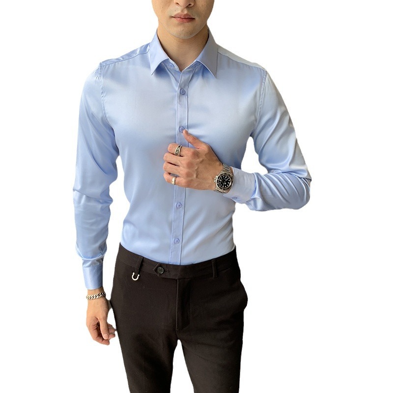 Camisa de primavera y verano para hombres Camisa sin planchar Camisa de manga larga Hielo Elástico Camisa de hombre delgada coreana Tendencia de moda