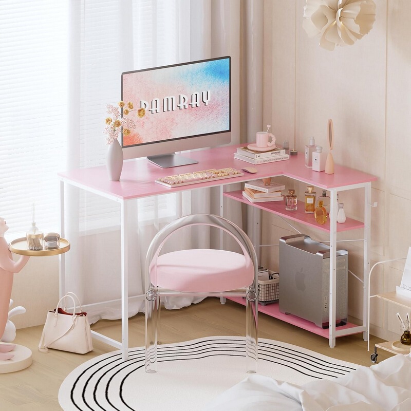 Pink L-Shaped Computer Desk, Home-Use Desk for Girls' Bedroom, Long Table, Work Desk, Narrow Computer Desk for Balcony, Office Desk