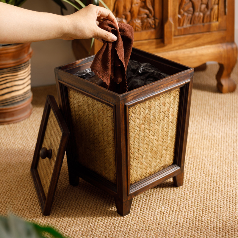 Trash Can for Home Living Room Creative Lidded Trash Basket New Chinese Style Study Trash Can Wooden Retro Bamboo Paper Bucket