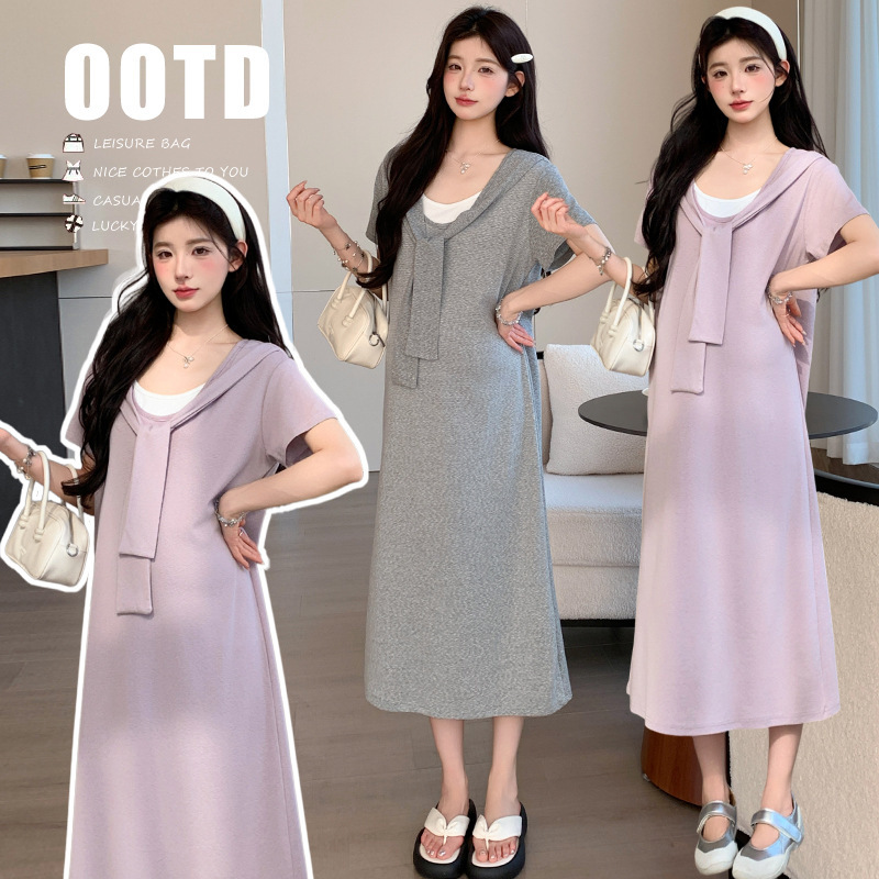 Maternity Wear Summer Trendy Mom Fashion New Style Fake Two-Piece Shawl Dress Casual Slimming Age-Reducing T-Shirt Dress Long Dress Maternity Wear Summer Trendy Mom Fashion New Style Fake Two-Piece Shawl Dress Casual Slimming Age-Reducing T-Shirt Dress Long Dress