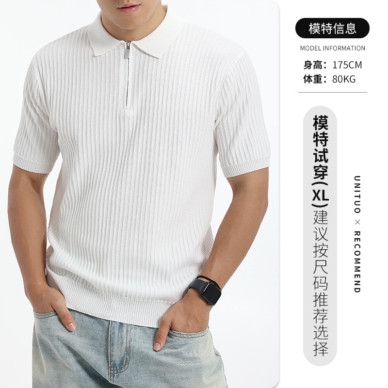 Verano nuevo hombre medio cremallera agujero de hielo tejedido polo camiseta de manga corta ligera de negocios de alto nivel hombre