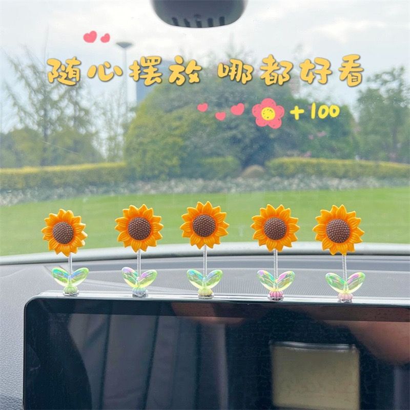 Internet Celebrating Cute Swing Sunflower Creative Car Console Rearview Mirror Decorations Healing Car Ornaments