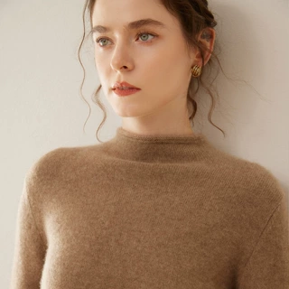 卷边半高领羊绒衫女100%纯山羊绒加厚软糯气质百搭针织打底衫毛衣