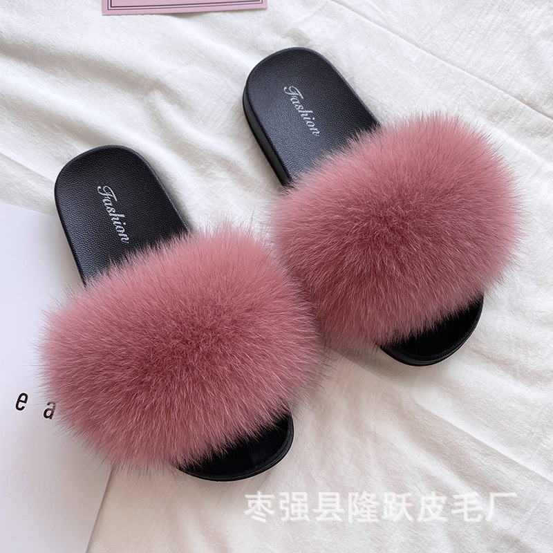 Amazon transfronterizo zapatillas de pelo de zorro real zapatillas de pelo de fondo plano zapatillas de pelo de mujer zapatillas de pelo de verano nuevas exportaciones