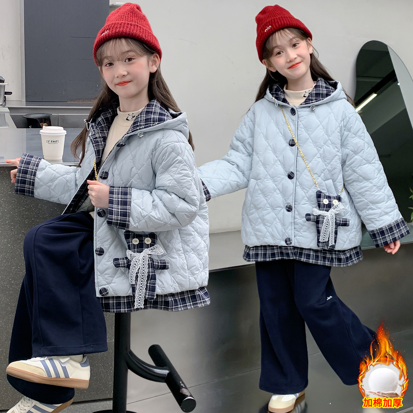 女童夹棉加绒外套冬装2025新款连帽棉袄儿童中大童保暖棉服送挂件