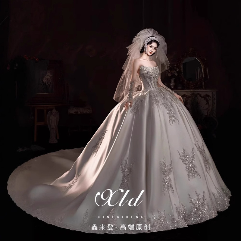 "Twilight Mirror" Wedding Dress 2025 New High-grade Satin Strapless Main Yarn Large Tail Small Bride Summer