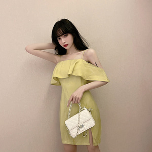 Strapless off shoulder goose yellow white split dress