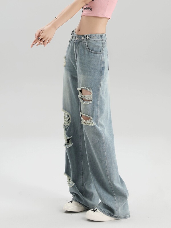 Adjustable Waist Blue Ripped Jeans for Women, 2026 Summer New High-Waisted Slimming Versatile Floor-Length Trendy Pants Adjustable Waist Blue Ripped Jeans for Women, 2026 Summer New High-Waisted Slimming Versatile Floor-Length Trendy Pants