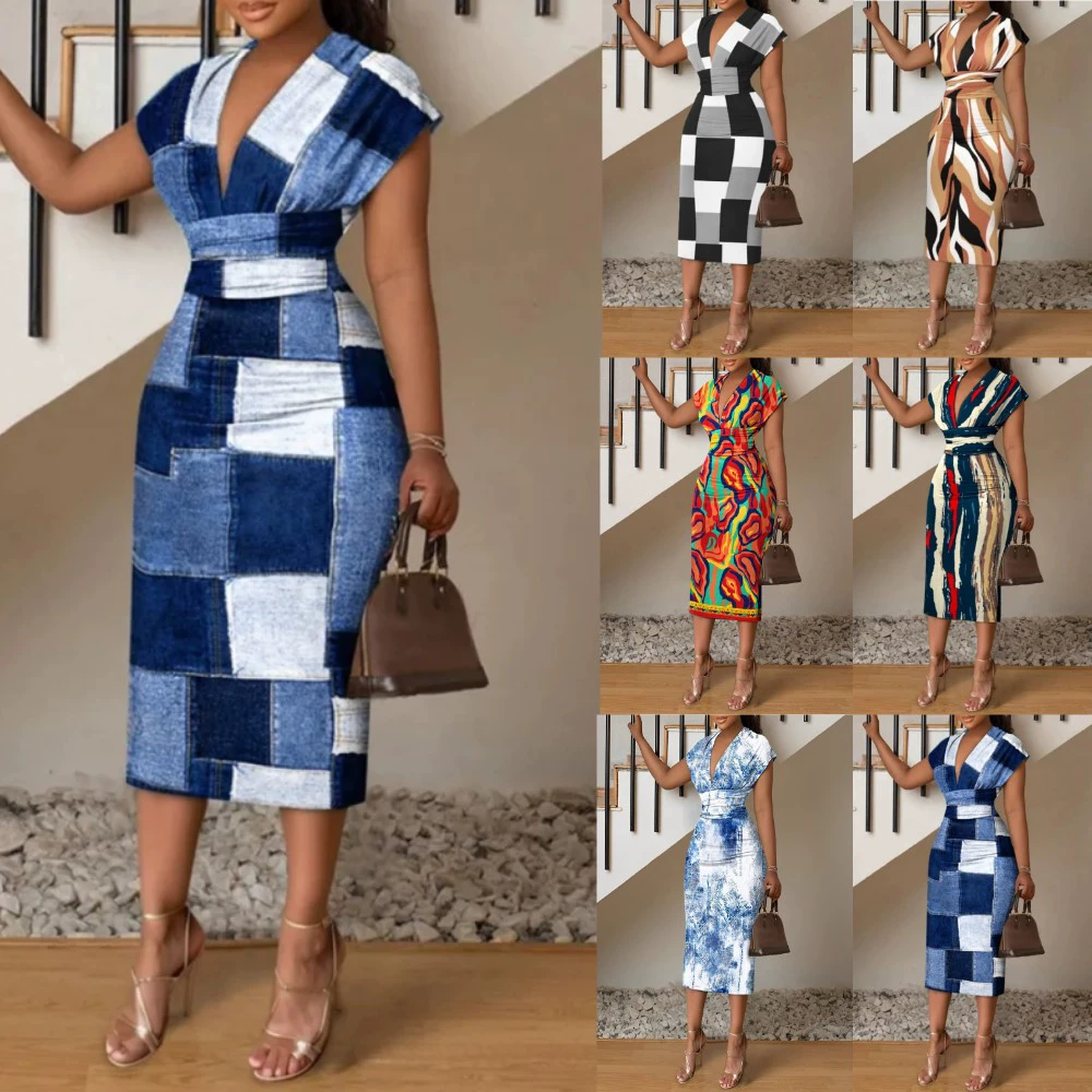2023 Независимая станция желает Amazon взрывов весны и лета новая простая сумка с V-образным вырезом, платье с набедренным принтом, женская одежда