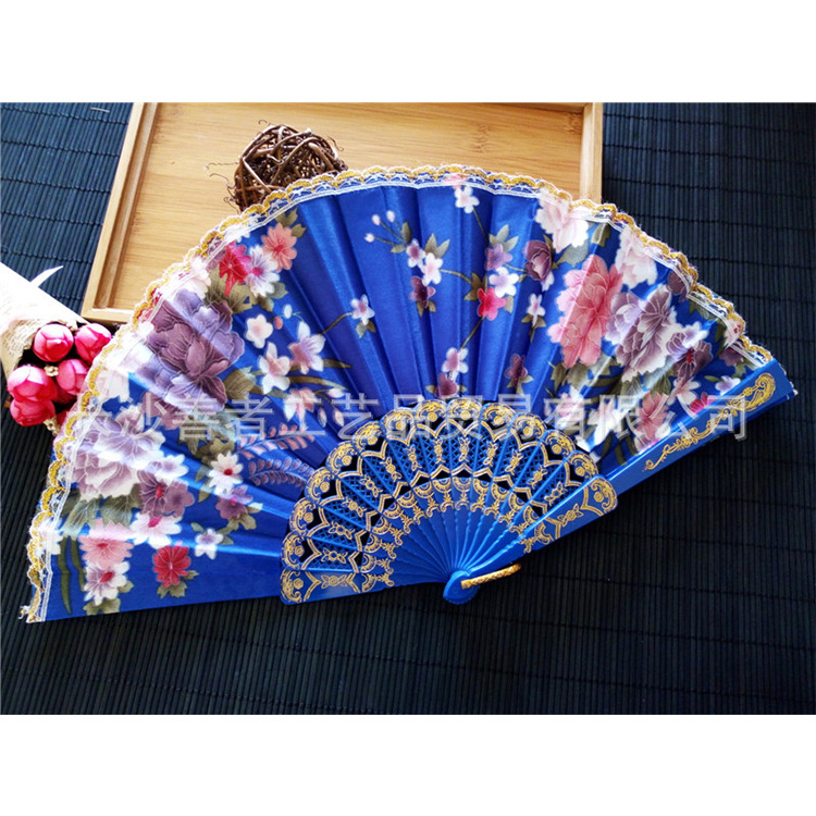 Hay en stock transfronterizo de plástico de hueso pequeño borde de encaje ventilador plegable ventilador de satén ventilador de la danza 8 colores opcionales