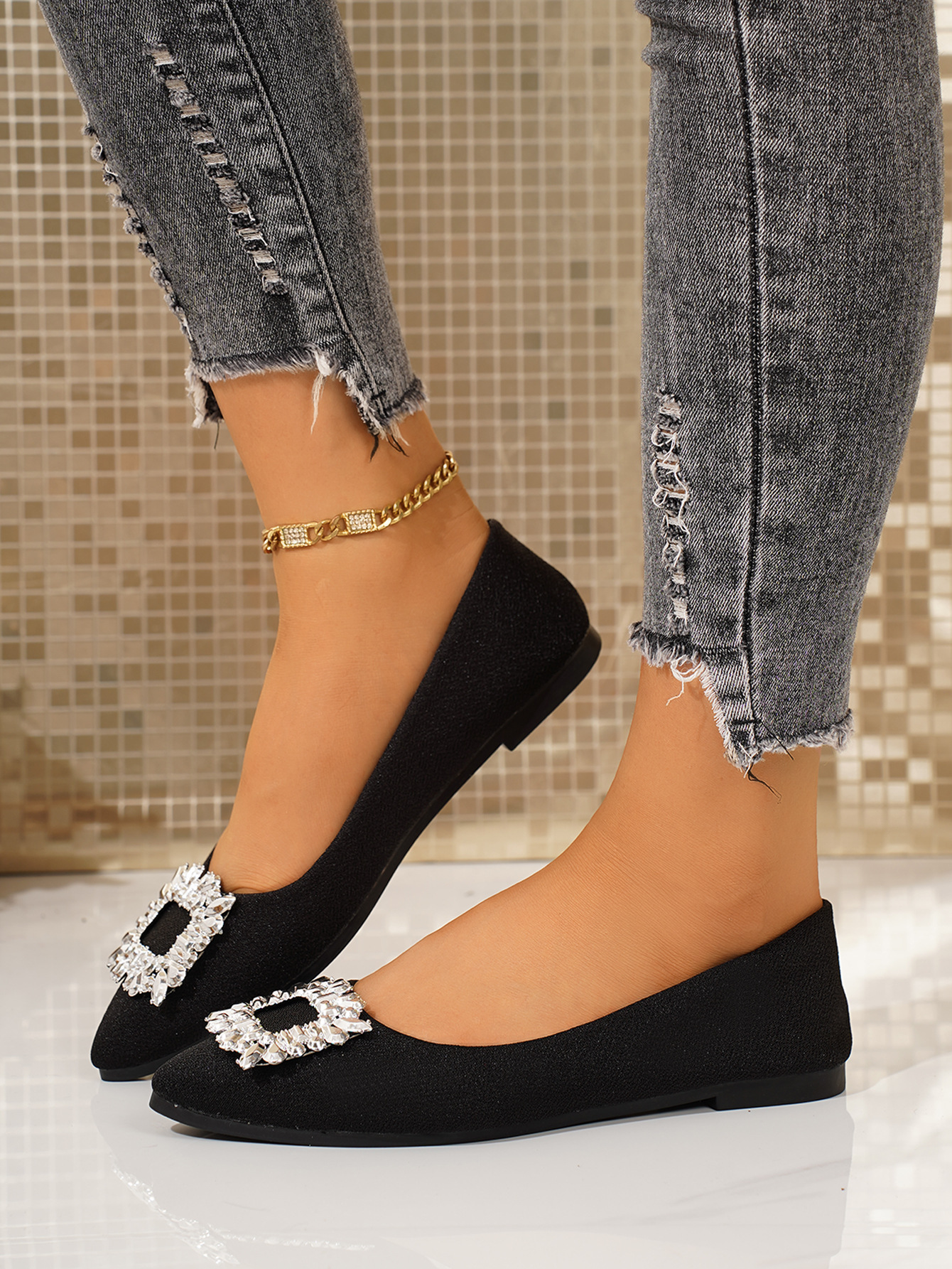 Women's Plus Size Slip-On Flat Shoes Pointed Toe Rhinestone Square Toe Casual Brown PU Spring Season_vogvips.com