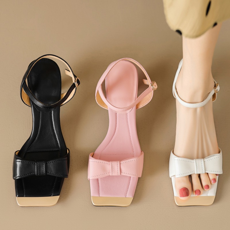 Summer leather elegant high heels square toe open toe with bow