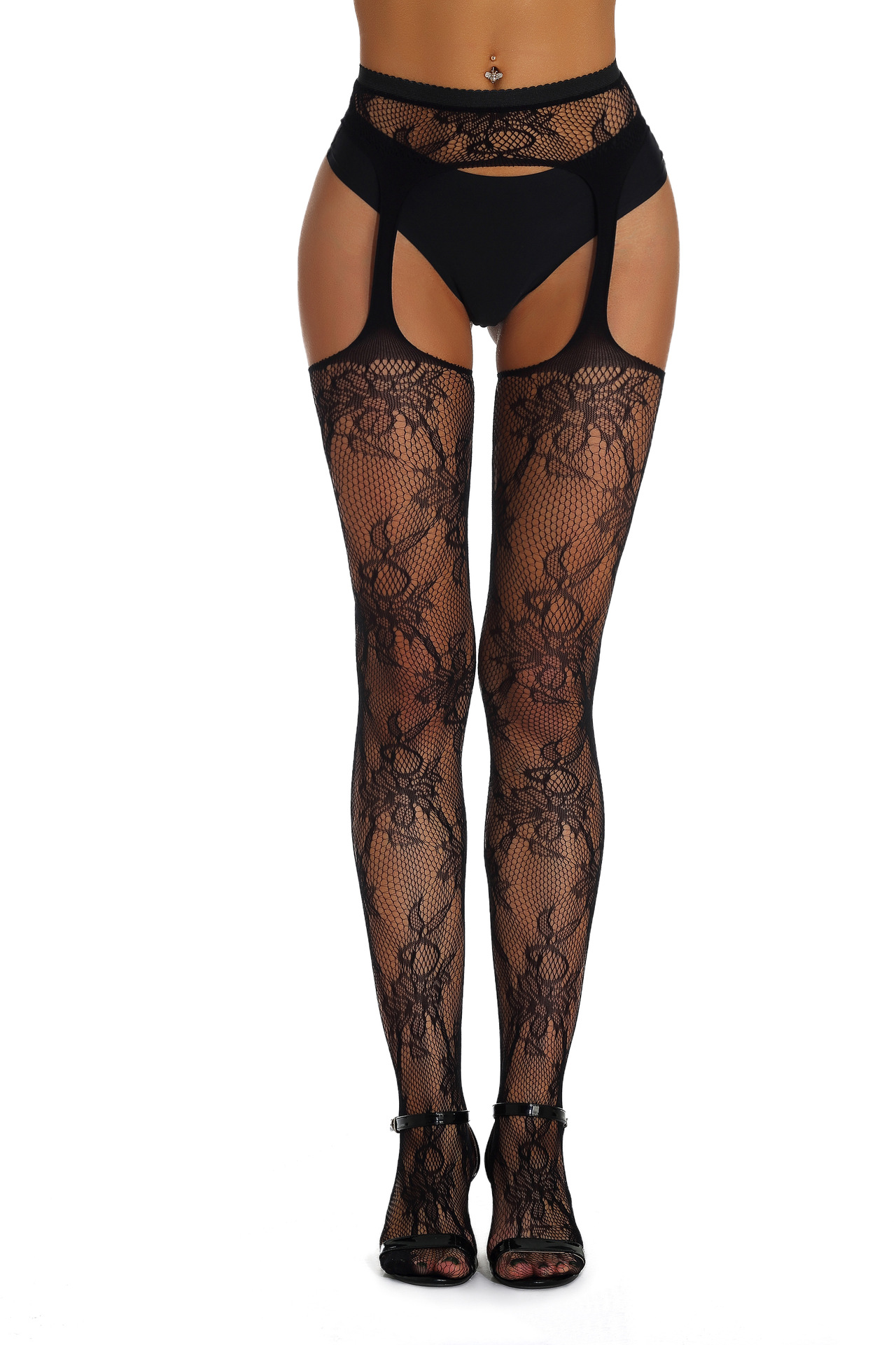 Medias sexys, accesorios para coquetear, lencería, pijamas calados, pantalones de uniforme jacquard, medias de rejilla europeas y americanas con tirantes cruzados