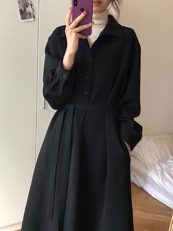 正式场合衬衫裙赫本小黑裙法式复古内搭打底黑色西装连衣裙女秋季|undefined