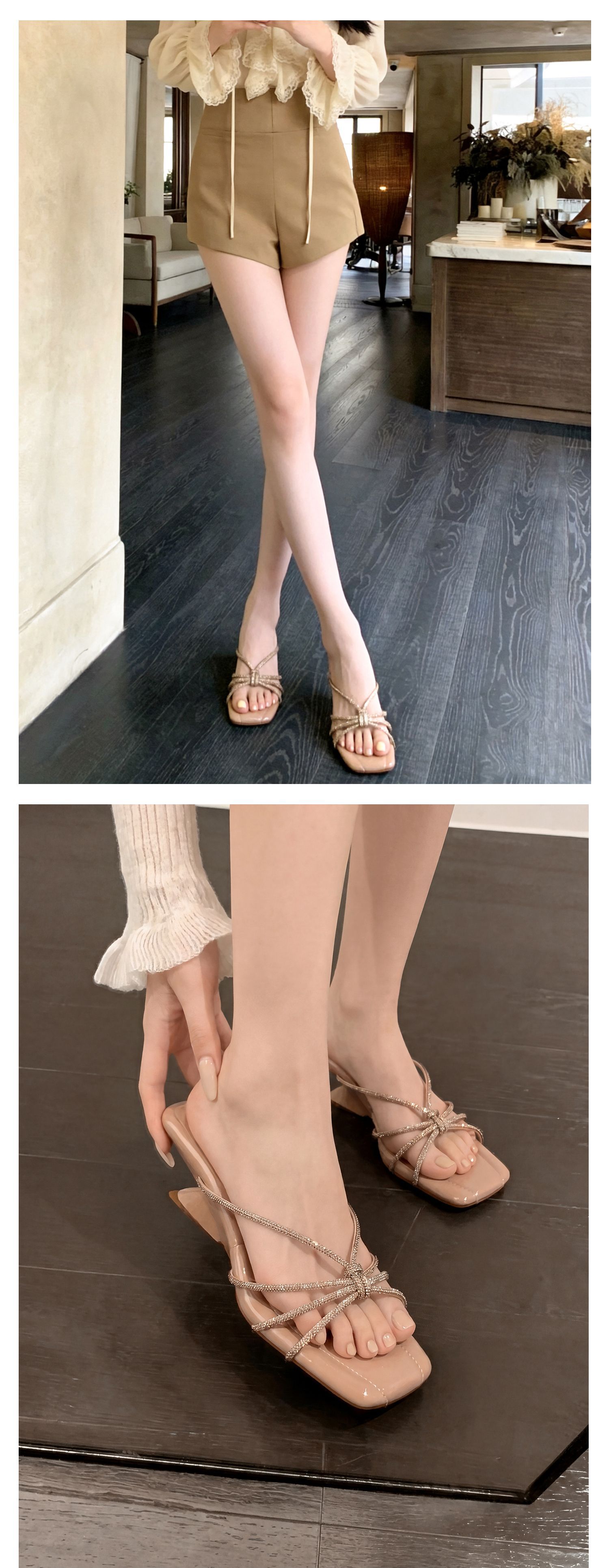 Sandal cao gót nữ mũi vuông quai ngang đính đá pha lê gót xuồng 9 cm — màu đen, màu trắng ngà, màu nude chi tiết 25
