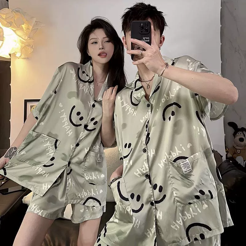 Летние тонкие пижамы для женщин с коротким рукавом из ледяного шелка, прохладный шелк, мужской летний домашний костюм, полубархат, мультяшный принт