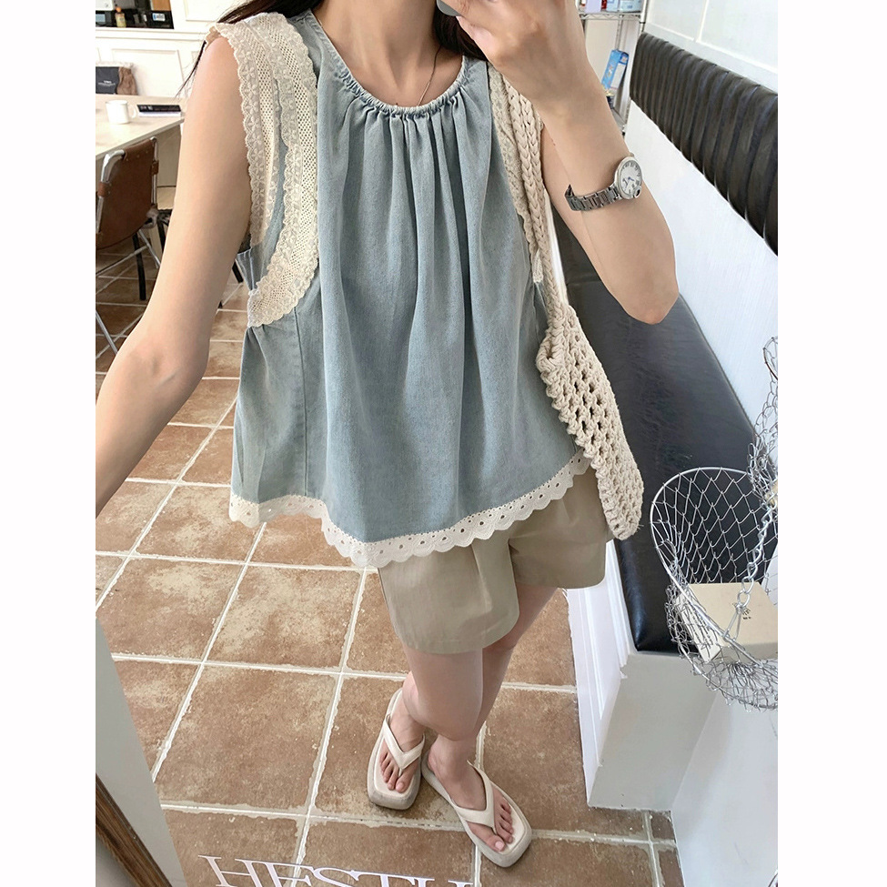 Top de mezclilla con costuras de encaje retro de verano de moda