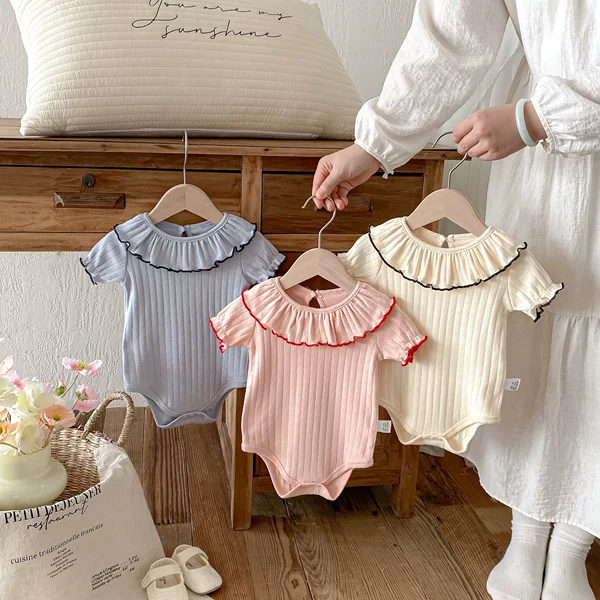 Baby Summer Short-Sleeved Ruffled Jumpsuit 2026 Sweet Girl's Solid Color Pure Cotton Short-Sleeved Romper for Outdoor Wear
